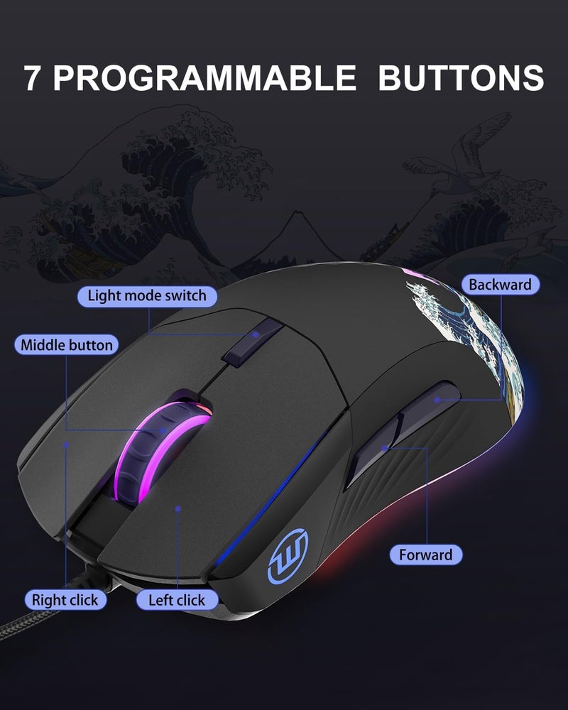 COSTOM Womier G705 USB Wired Gaming Mouse for PC Computer Windows Mac Laptop, Lightweight Silent RGB Backlit Mouse with Adjustable 12000DPI/7 Programmable Side Buttons,Black Kanagawa Theme - Image 5